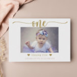 First Birthday Photo Elegant Script Card<br><div class="desc">Thank all of your first birthday party guests with this elegant script photo flat thank you card.  Customise text on the front/back and add a photo to create a personalised first birthday thank you card.</div>