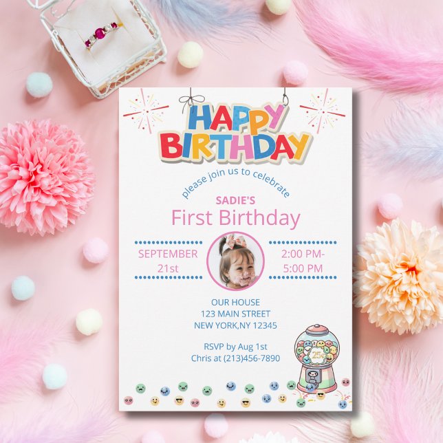 First Birthday Photo Girl or Boy Colourful Gumball Invitation (Creator Uploaded)