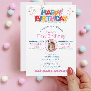 First Birthday Photo Girly Cute Colourful Simple  Invitation