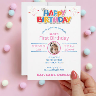 First Birthday Photo Girly Cute Colourful Simple Invitation