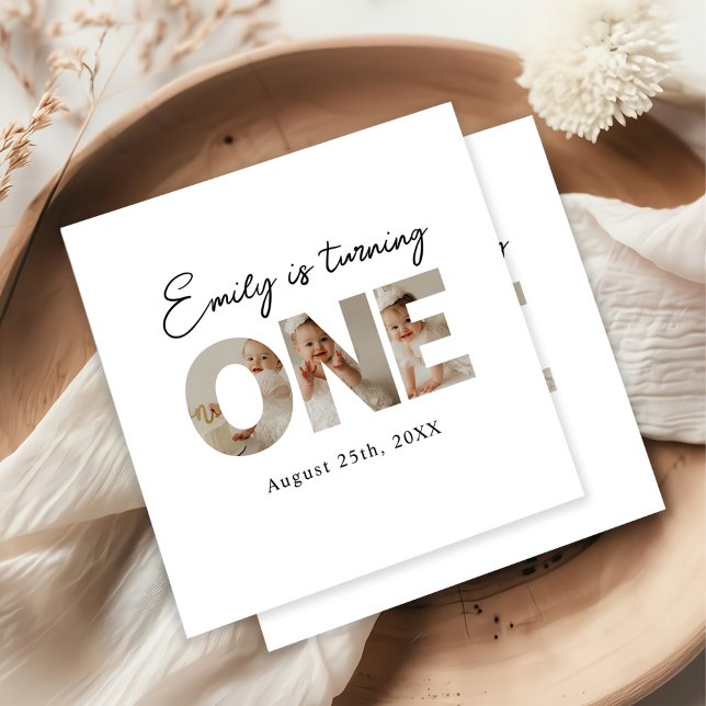 First Birthday Photo Minimal 1st Birthday Party Napkin (Creator Uploaded)