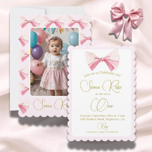 First Birthday Photo Watercolor Bow Cute Pink Invitation