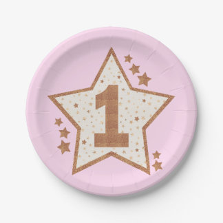 First Birthday Pink and Gold Star Paper Plate