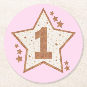 First Birthday Pink and Gold Star Round Paper Coaster