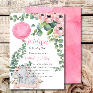 First Birthday Pink Balloon Eucalyptus Elephant Invitation