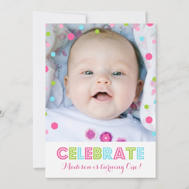 First Birthday Pink Confetti Photo Invitation (Front)