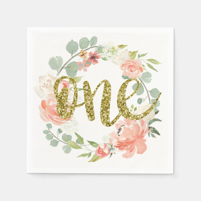 First Birthday Pink Gold Floral Wreath Napkin (Front)