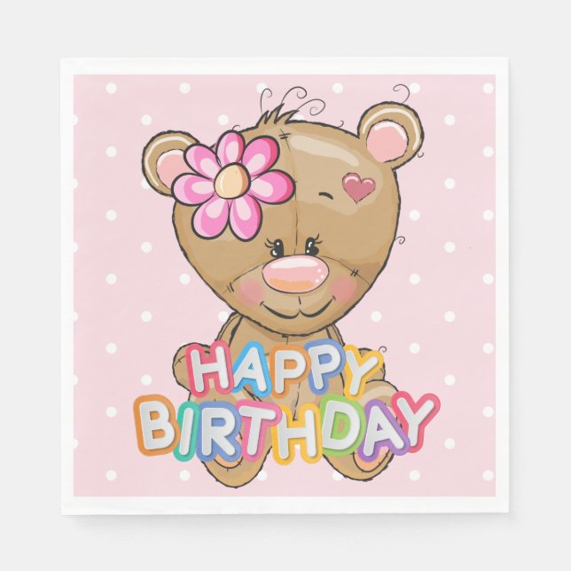 First Birthday Pink Polka Dots Teddy Bear Napkin (Front)