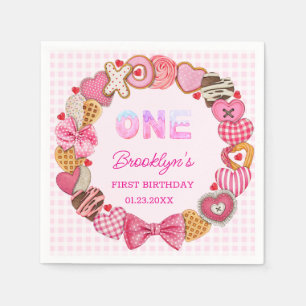 First Birthday Pink Rose Swirly Heart Valentine's Napkin