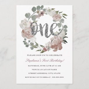 First Birthday Pink Silver Floral Wreath Invite