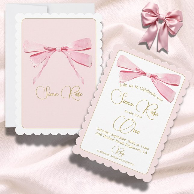 First Birthday Pink Watercolor Bow Cute  Invitation (Creator Uploaded)