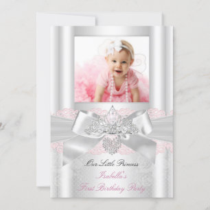 First Birthday Pink White Lace Diamond Tiara 2 Invitation