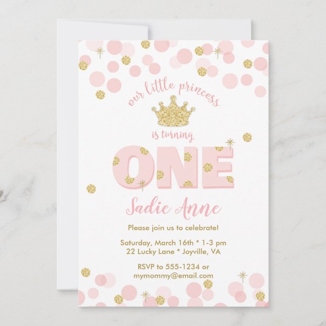 First Birthday Princess Pink Gold Glitter Invitation (Front)