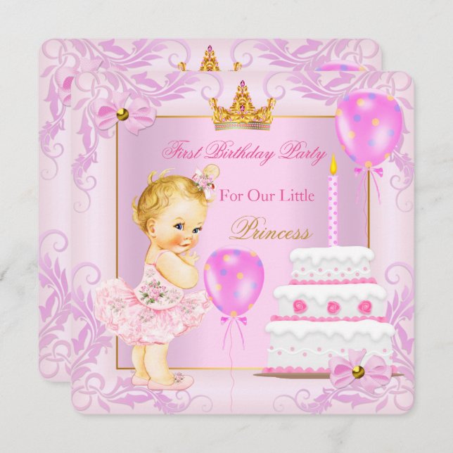 First Birthday Princess Tiara Girl Pink Blonde Invitation (Front/Back)