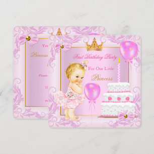 First Birthday Princess Tiara Girl Pink Blonde Invitation