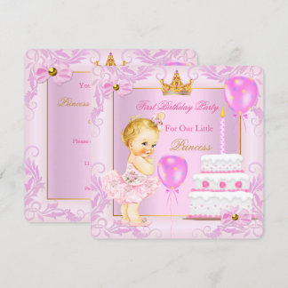 First Birthday Princess Tiara Girl Pink Blonde Invitation