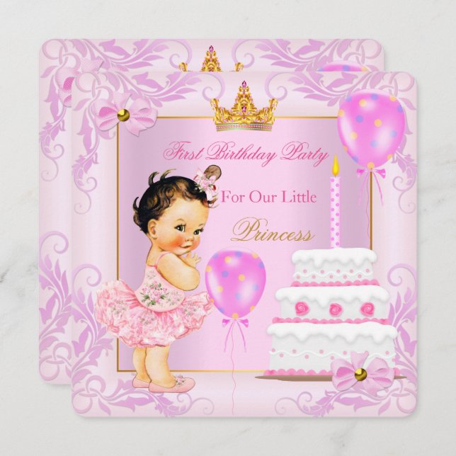First Birthday Princess Tiara Girl Pink Brunette Invitation (Front/Back)