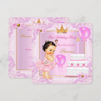 First Birthday Princess Tiara Girl Pink Brunette Invitation