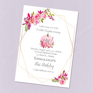 First Birthday Pumpkin Floral Geometric Pink Invitation