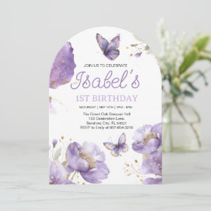  First birthday,Purple and gold flower Butterfly  Invitation