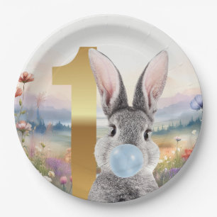 First Birthday Rabbit blowing blue bubble gum Paper Plate