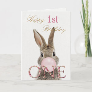 First Birthday Rabbit Blowing Pink Bubble gum Card