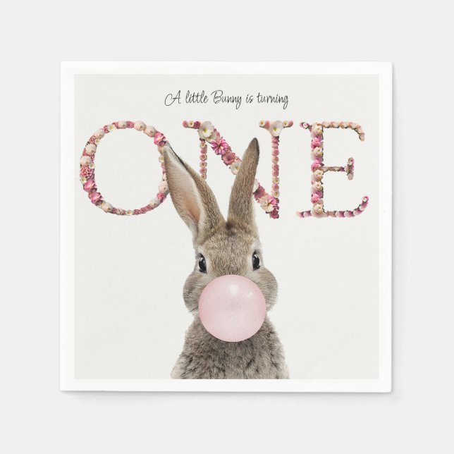 First Birthday Rabbit Blowing Pink Bubble gum   Napkin (Front)