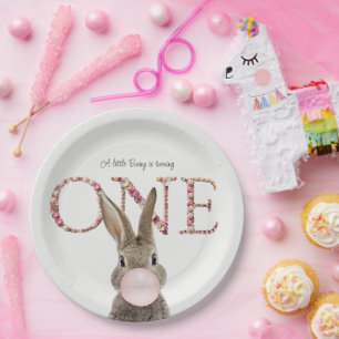 First Birthday Rabbit Blowing Pink Bubble gum Paper Plate