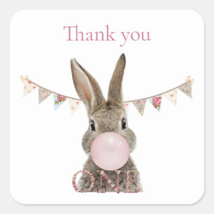 First Birthday Rabbit Blowing Pink Bubble gum Square Sticker