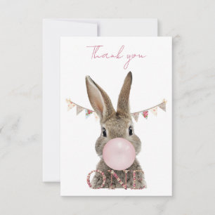 First Birthday Rabbit Blowing Pink Bubble gum Thank You Card