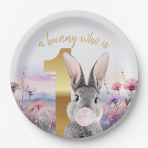 First Birthday Rabbit blowing pink gum Paper Plate