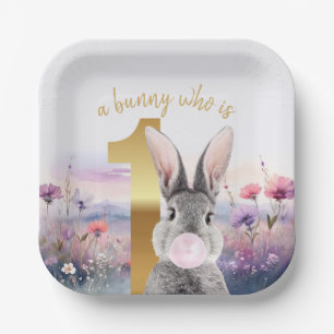 First Birthday rabbit blowing pink gum Paper Plate