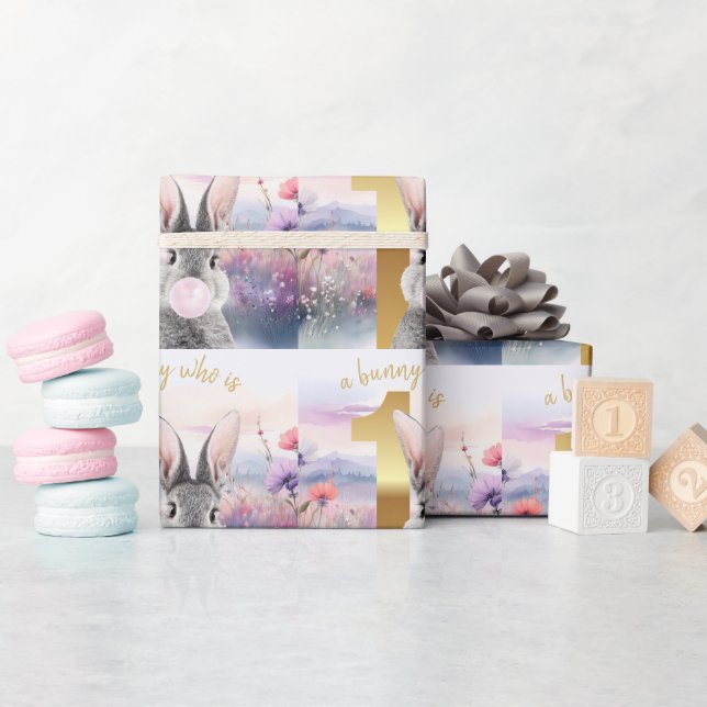 First Birthday Rabbit blowing pink gum Wrapping Paper (Baby Shower)