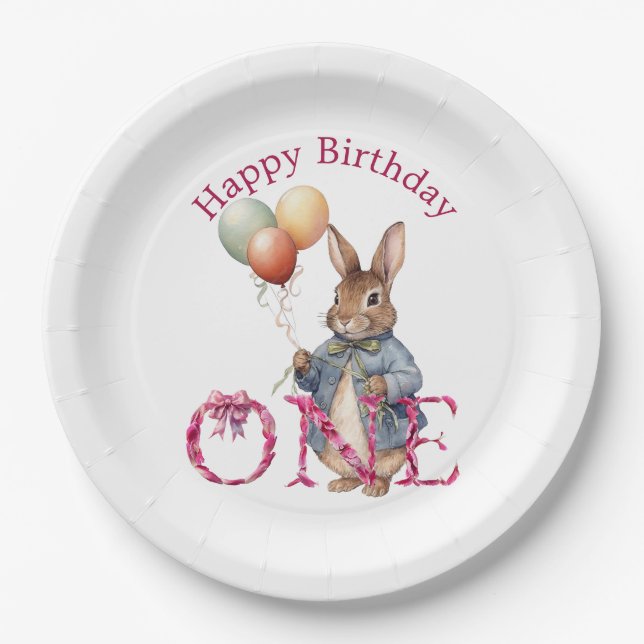 First Birthday Rabbit Colourful Balloons Paper Plate (Front)