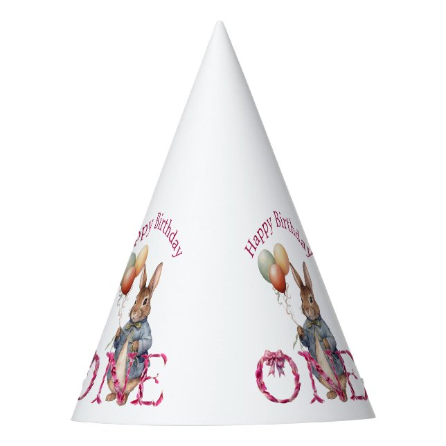 First Birthday Rabbit Colourful Balloons Party Hat (Front)