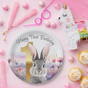 First Birthday Rabbit in a field of wildflowers Paper Plate