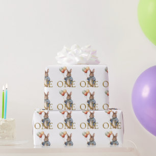 First Birthday Rabbit with balloons  Wrapping Paper
