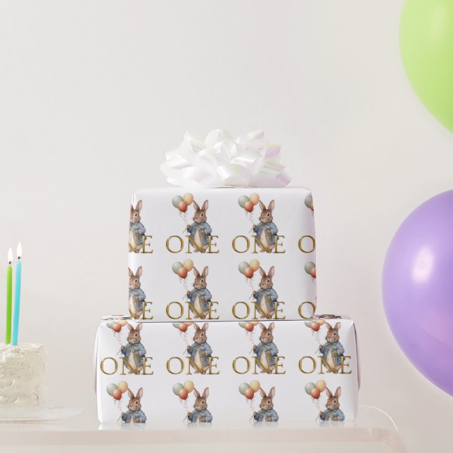 First Birthday Rabbit with balloons  Wrapping Paper (Party Gifts)