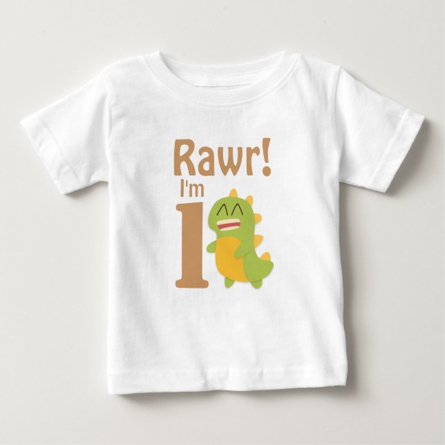 First Birthday, Rawr! I'm 1, Cute Dino Baby T-Shirt (Front)