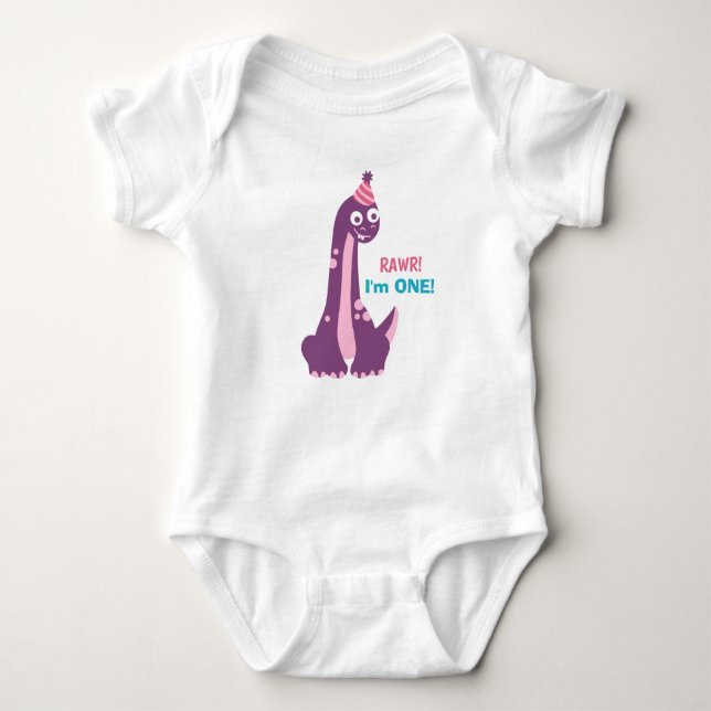 First Birthday, Rawr! I'm 1, Cute Party Dino Baby Bodysuit (Front)