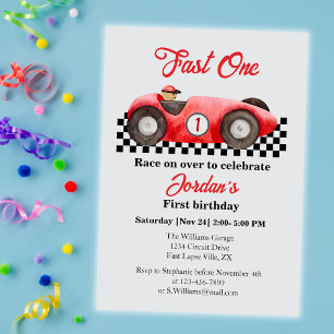 First Birthday Red Race Car Fast One Invitation
