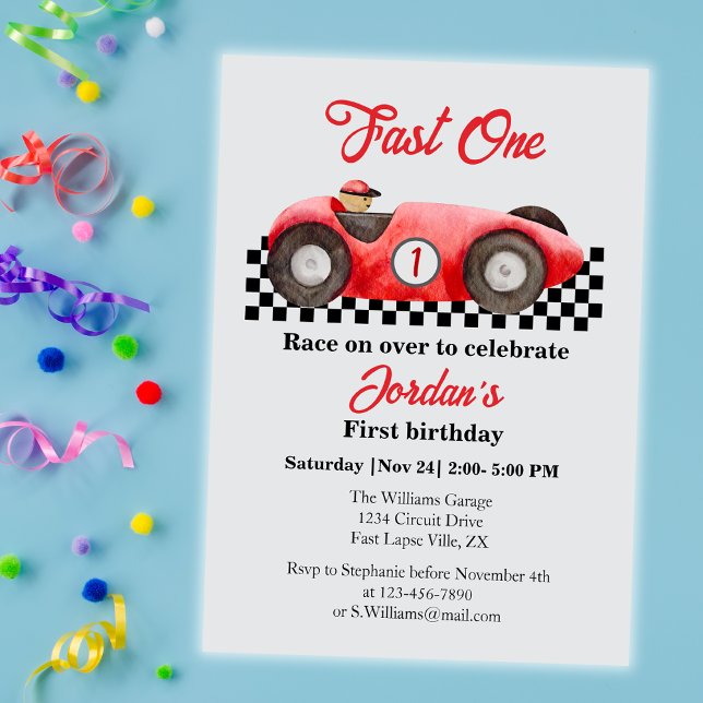 First Birthday Red Race Car Fast One Invitation (Creator Uploaded)