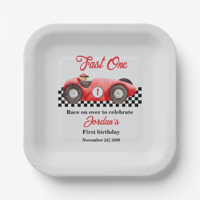 First Birthday Red Race Car Fast One Paper Plate (Front)