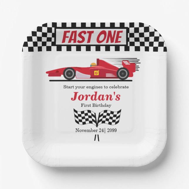 First Birthday Red Race Car Fast One  Paper Plate (Front)