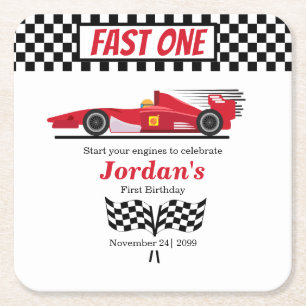 First Birthday Red Race Car Fast One Square Paper Coaster