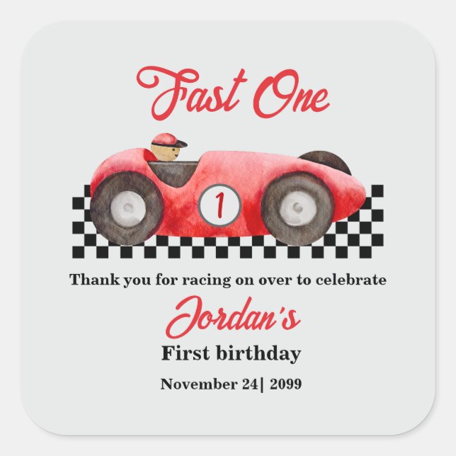 First Birthday Red Race Car Fast One Square Sticker (Front)