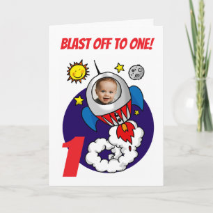First Birthday Rocket Blast Off To One Child Photo Card