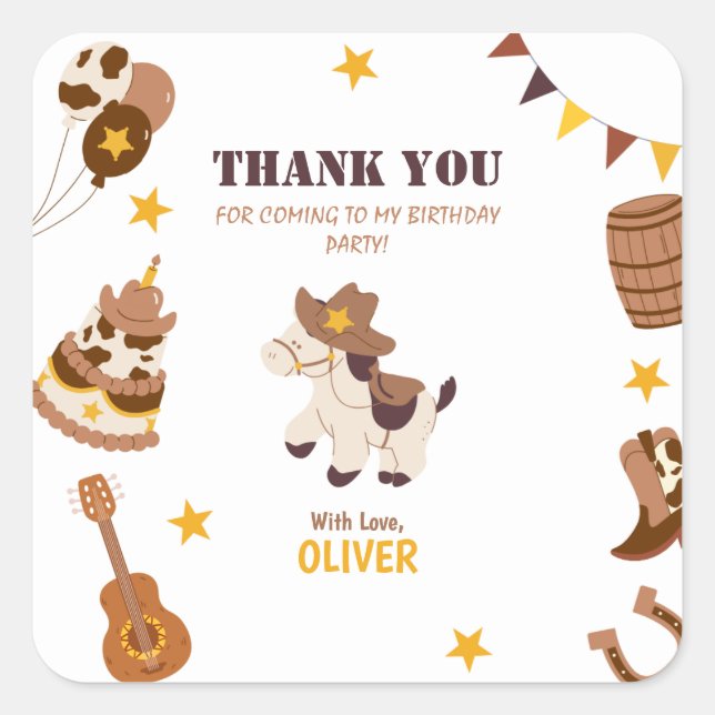 First Birthday Rodeo Boy 1st Thank You Flat Card Square Sticker (Front)