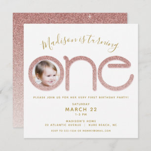 First Birthday Rose Gold Glitter Photo Invitation