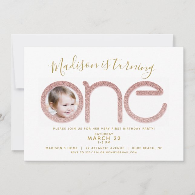 First Birthday Rose Gold Glitter Photo Invitation (Front)